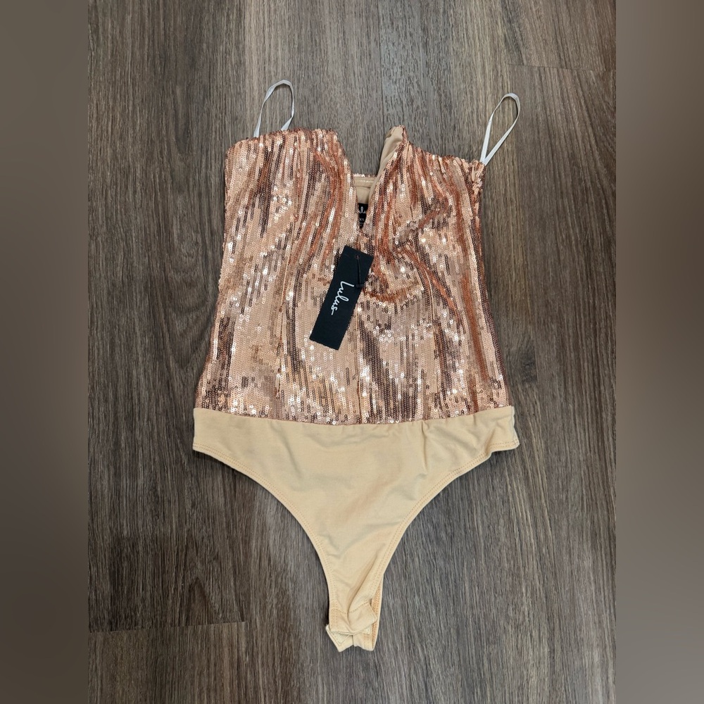 Lulu's Rose Gold Sequin & Beige One-Piece Bodysuit